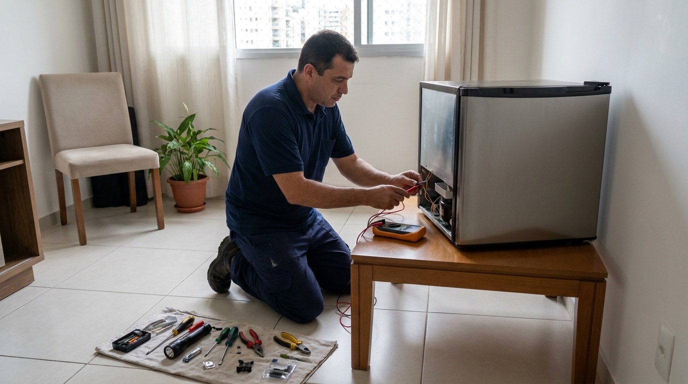 Técnico realizando manutenção de motor de frigobar em Cuiabá‑MT