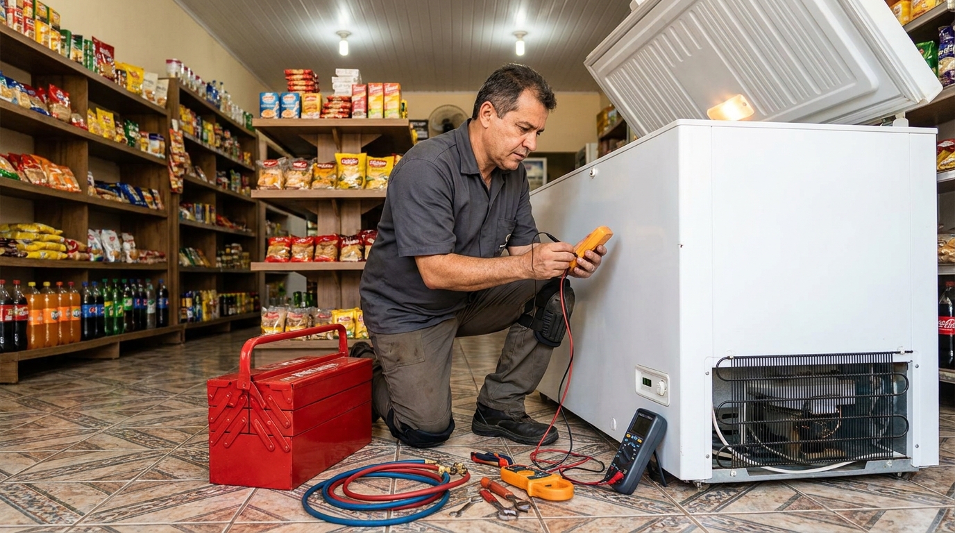 Recarga de gás refrigerante em freezer em atendimento no Do Terceiro, Cuiabá‑MT