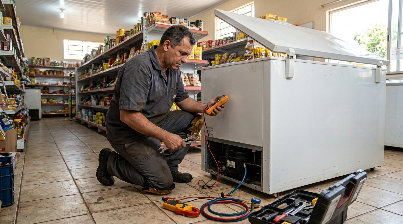 Troca de termostato de freezer em atendimento técnico no Do Terceiro, Cuiabá‑MT